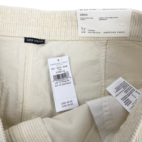 NWT AMERICAN EAGLE Corduroy Super Hi-Rise A-Line Mini Skirt Sz 12 Cream - Picture 4 of 7